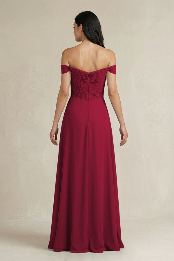A - Line Pleated Off - the - Shoulder Chiffon Bridesmaid Dress in Berry - KissProm Bridesmaid Dresses