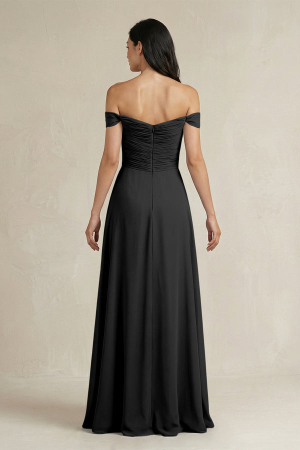 A - Line Pleated Off - the - Shoulder Chiffon Bridesmaid Dress in Black - KissProm Bridesmaid Dresses