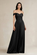 A - Line Pleated Off - the - Shoulder Chiffon Bridesmaid Dress in Black - KissProm Bridesmaid Dresses