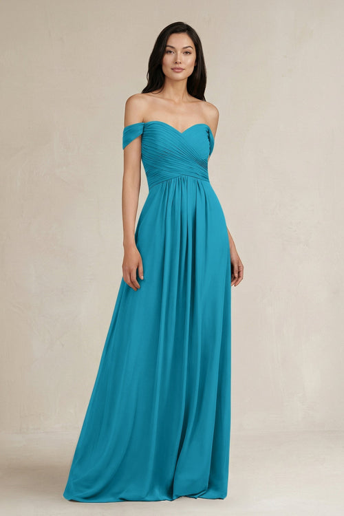 A - Line Pleated Off - the - Shoulder Chiffon Bridesmaid Dress in Blue Jay - KissProm Bridesmaid Dresses