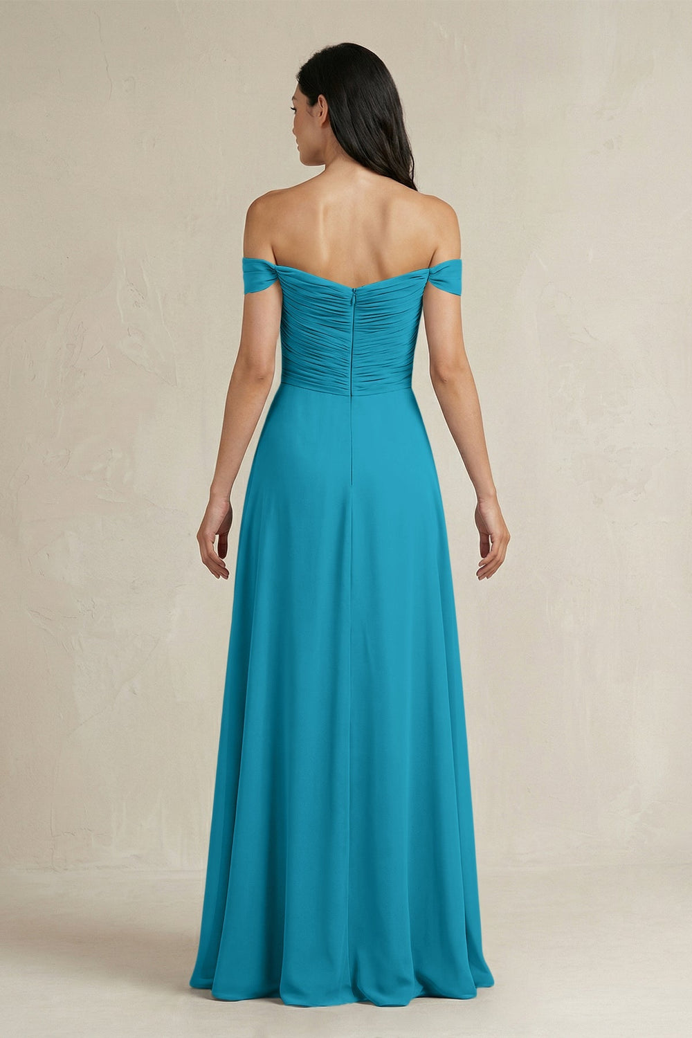 A - Line Pleated Off - the - Shoulder Chiffon Bridesmaid Dress in Blue Jay - KissProm Bridesmaid Dresses
