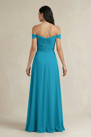 A - Line Pleated Off - the - Shoulder Chiffon Bridesmaid Dress in Blue Jay - KissProm Bridesmaid Dresses