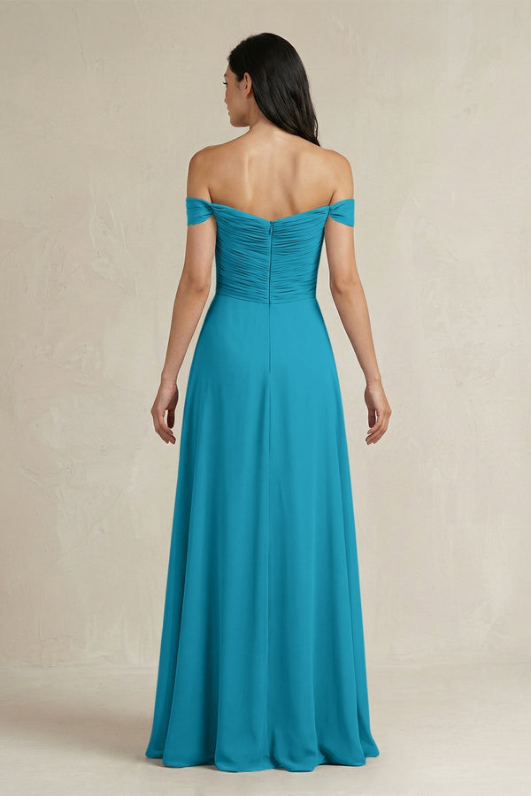 A - Line Pleated Off - the - Shoulder Chiffon Bridesmaid Dress in Blue Jay - KissProm Bridesmaid Dresses