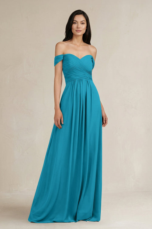 A - Line Pleated Off - the - Shoulder Chiffon Bridesmaid Dress in Blue Jay - KissProm Bridesmaid Dresses