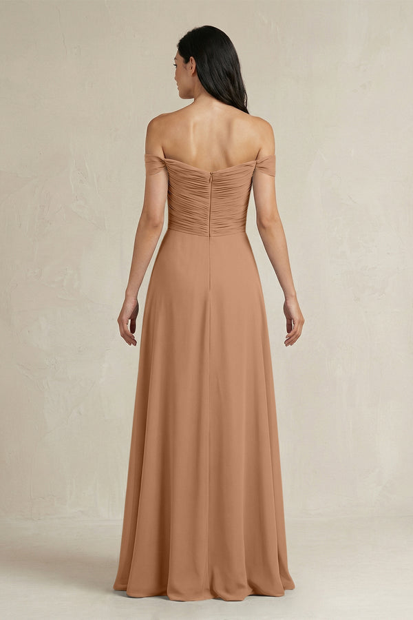 A - Line Pleated Off - the - Shoulder Chiffon Bridesmaid Dress in Bronzer - KissProm Bridesmaid Dresses