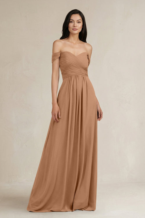 A - Line Pleated Off - the - Shoulder Chiffon Bridesmaid Dress in Bronzer - KissProm Bridesmaid Dresses