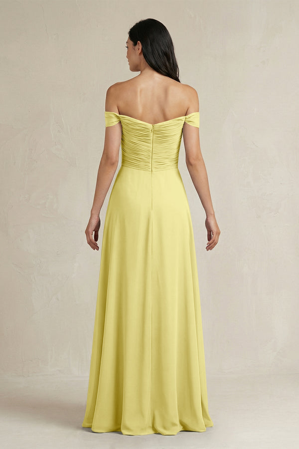 A - Line Pleated Off - the - Shoulder Chiffon Bridesmaid Dress in Buttercup - KissProm Bridesmaid Dresses