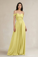 A - Line Pleated Off - the - Shoulder Chiffon Bridesmaid Dress in Buttercup - KissProm Bridesmaid Dresses