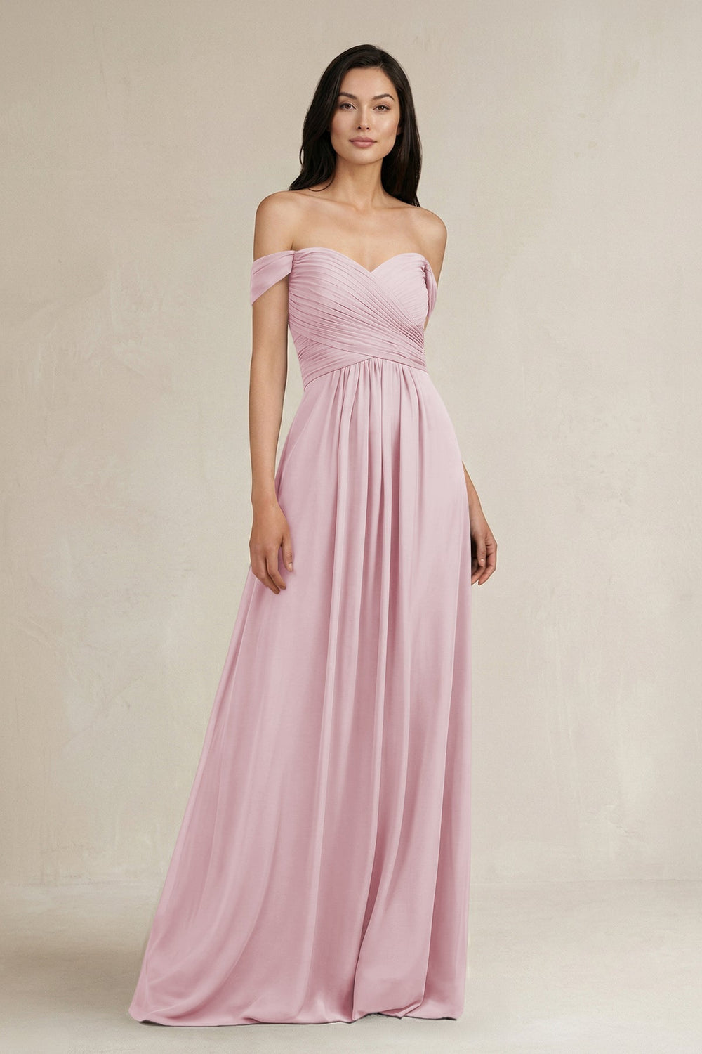 A - Line Pleated Off - the - Shoulder Chiffon Bridesmaid Dress in Candy Pink - KissProm Bridesmaid Dresses
