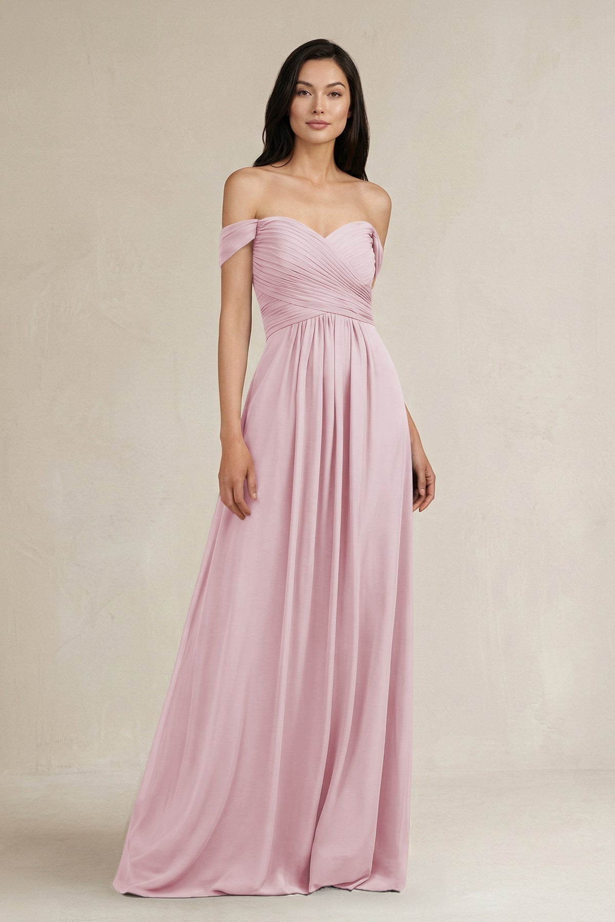 KissProm A-Line Pleated Off-the-Shoulder Chiffon Bridesmaid Dress in Candy Pink, Candy Pink / 12