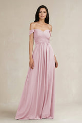 A - Line Pleated Off - the - Shoulder Chiffon Bridesmaid Dress in Candy Pink - KissProm Bridesmaid Dresses