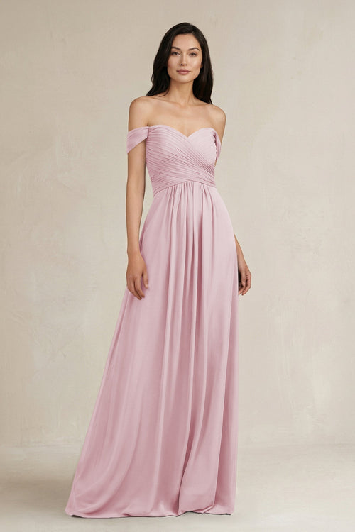 A - Line Pleated Off - the - Shoulder Chiffon Bridesmaid Dress in Candy Pink - KissProm Bridesmaid Dresses