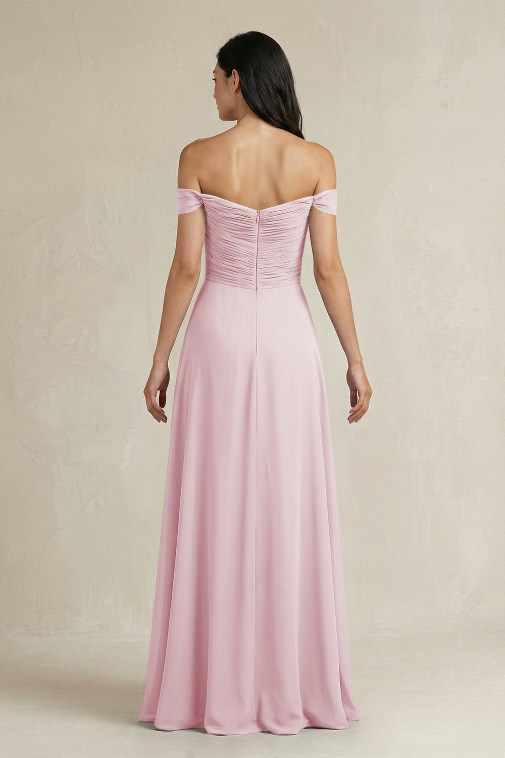 A - Line Pleated Off - the - Shoulder Chiffon Bridesmaid Dress in Candy Pink - KissProm Bridesmaid Dresses