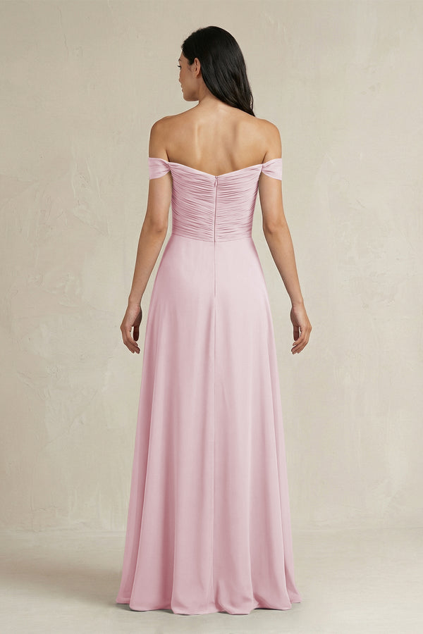 A - Line Pleated Off - the - Shoulder Chiffon Bridesmaid Dress in Candy Pink - KissProm Bridesmaid Dresses