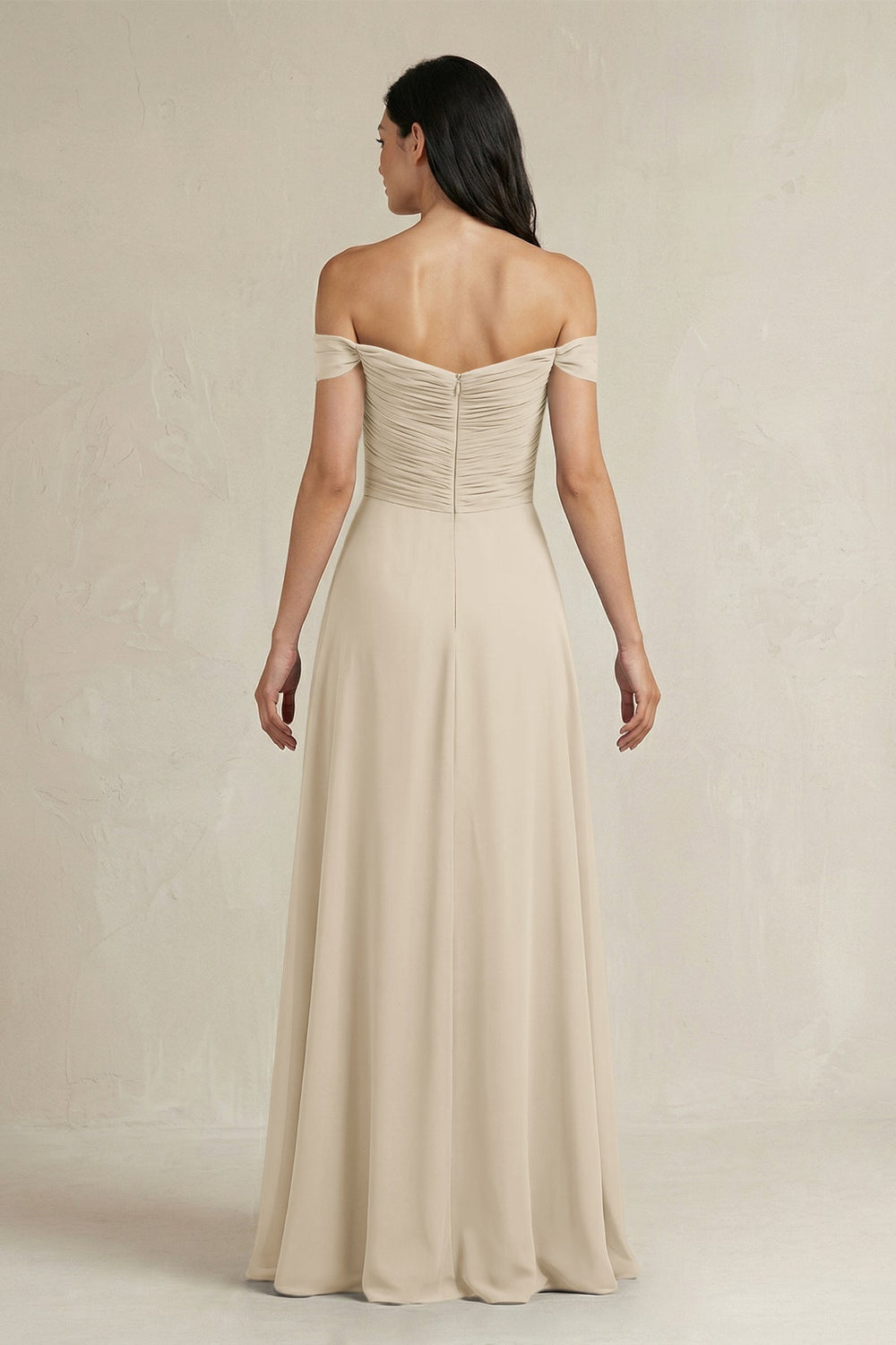 A - Line Pleated Off - the - Shoulder Chiffon Bridesmaid Dress in Champagne - KissProm Bridesmaid Dresses