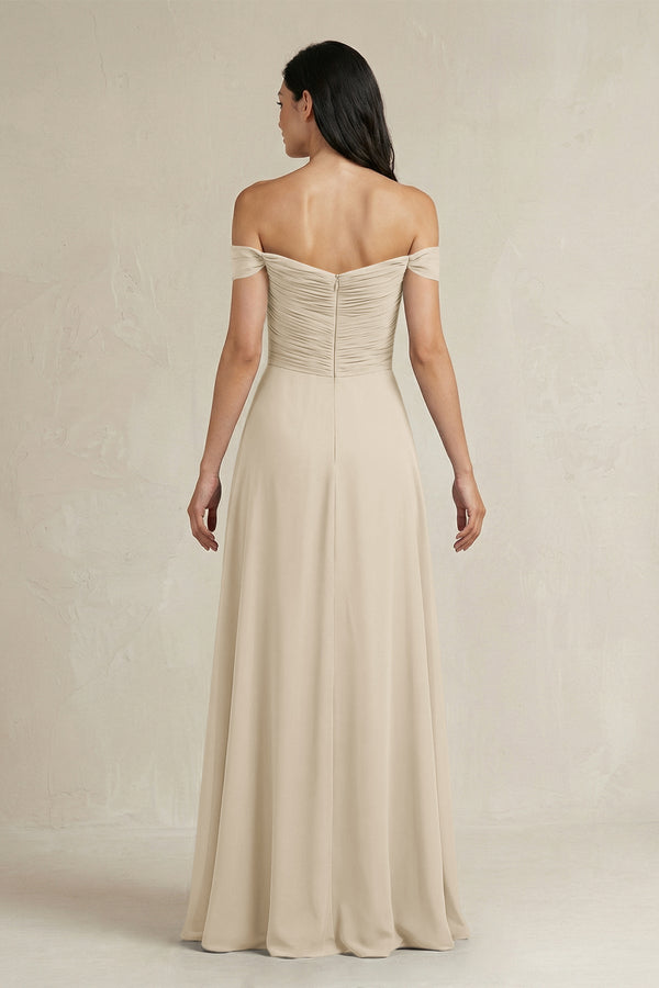 A - Line Pleated Off - the - Shoulder Chiffon Bridesmaid Dress in Champagne - KissProm Bridesmaid Dresses