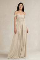 A - Line Pleated Off - the - Shoulder Chiffon Bridesmaid Dress in Champagne - KissProm Bridesmaid Dresses
