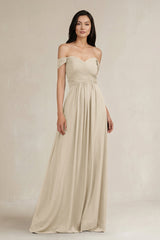 A - Line Pleated Off - the - Shoulder Chiffon Bridesmaid Dress in Champagne - KissProm Bridesmaid Dresses