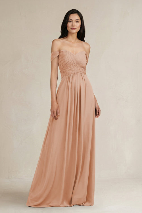 A - Line Pleated Off - the - Shoulder Chiffon Bridesmaid Dress in Champagne Rose - KissProm Bridesmaid Dresses