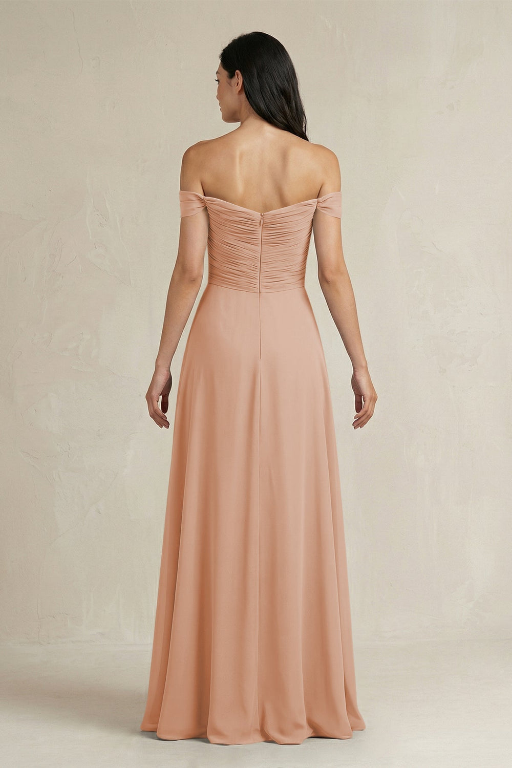 A - Line Pleated Off - the - Shoulder Chiffon Bridesmaid Dress in Champagne Rose - KissProm Bridesmaid Dresses