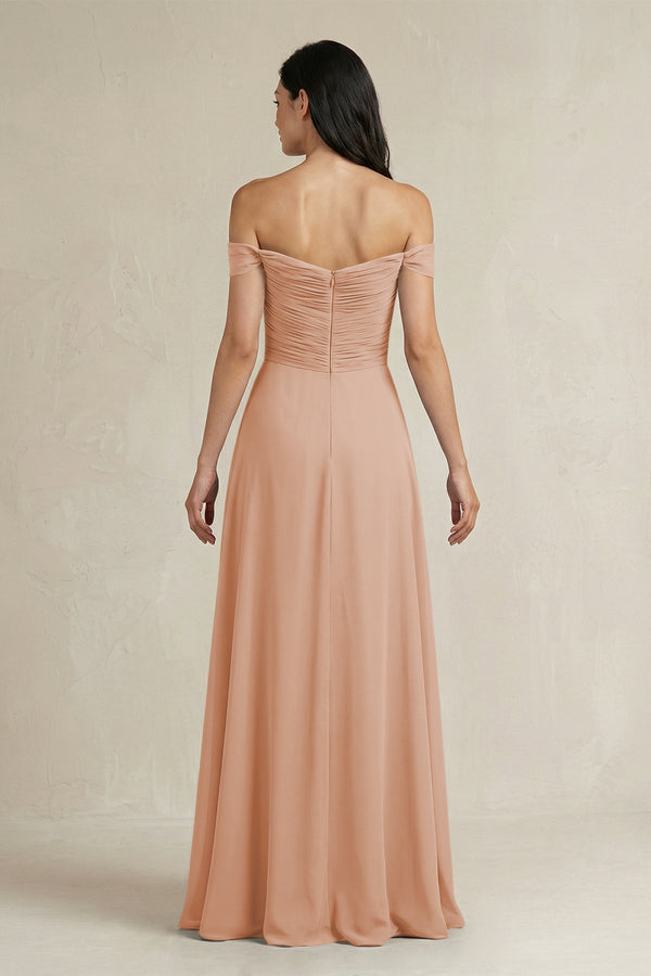 A - Line Pleated Off - the - Shoulder Chiffon Bridesmaid Dress in Champagne Rose - KissProm Bridesmaid Dresses