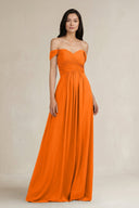 A - Line Pleated Off - the - Shoulder Chiffon Bridesmaid Dress in Cinnamon - KissProm Bridesmaid Dresses