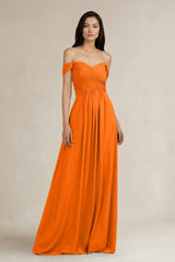 A - Line Pleated Off - the - Shoulder Chiffon Bridesmaid Dress in Cinnamon - KissProm Bridesmaid Dresses