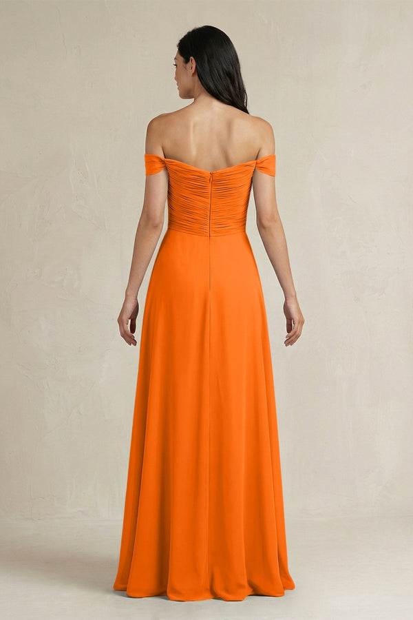 A - Line Pleated Off - the - Shoulder Chiffon Bridesmaid Dress in Cinnamon - KissProm Bridesmaid Dresses