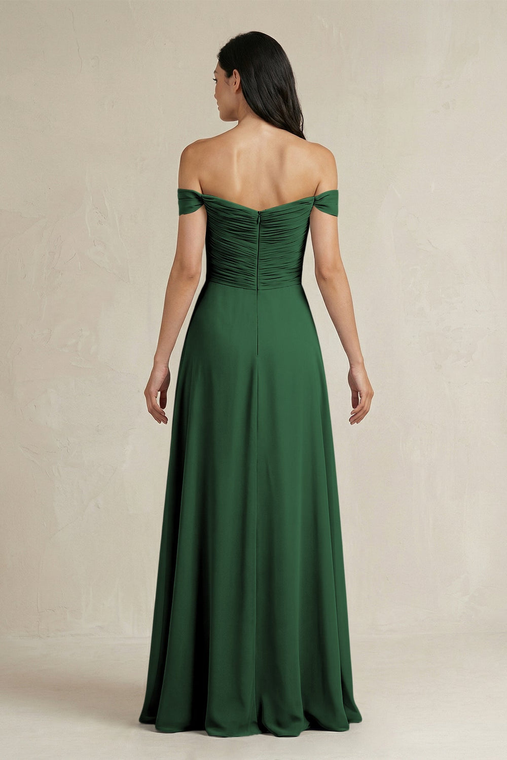 A - Line Pleated Off - the - Shoulder Chiffon Bridesmaid Dress in Dark Green - KissProm Bridesmaid Dresses