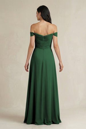 A - Line Pleated Off - the - Shoulder Chiffon Bridesmaid Dress in Dark Green - KissProm Bridesmaid Dresses