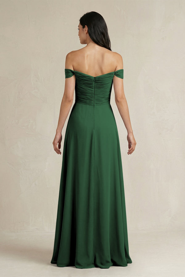 A - Line Pleated Off - the - Shoulder Chiffon Bridesmaid Dress in Dark Green - KissProm Bridesmaid Dresses