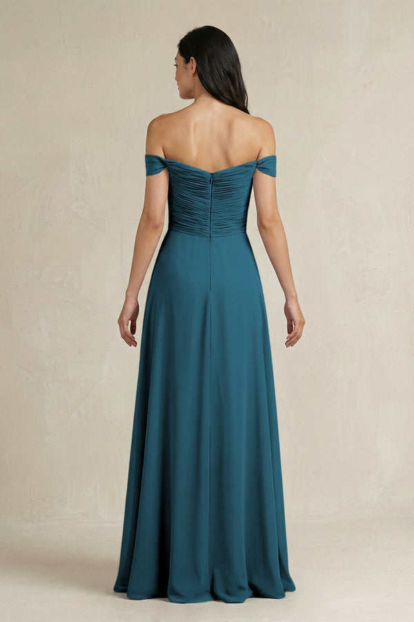 A - Line Pleated Off - the - Shoulder Chiffon Bridesmaid Dress in Dark Teal - KissProm Bridesmaid Dresses