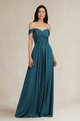 A - Line Pleated Off - the - Shoulder Chiffon Bridesmaid Dress in Dark Teal - KissProm Bridesmaid Dresses