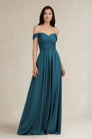 A - Line Pleated Off - the - Shoulder Chiffon Bridesmaid Dress in Dark Teal - KissProm Bridesmaid Dresses