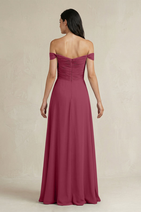 A - Line Pleated Off - the - Shoulder Chiffon Bridesmaid Dress in Desert Rose - KissProm Bridesmaid Dresses