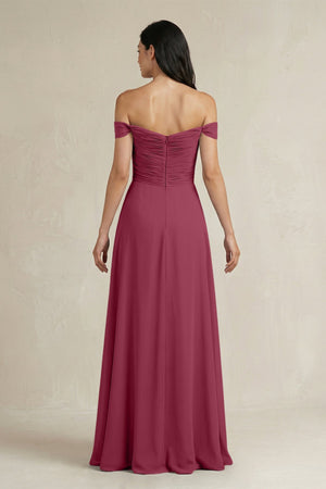A - Line Pleated Off - the - Shoulder Chiffon Bridesmaid Dress in Desert Rose - KissProm Bridesmaid Dresses