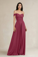 A - Line Pleated Off - the - Shoulder Chiffon Bridesmaid Dress in Desert Rose - KissProm Bridesmaid Dresses