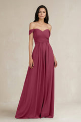 A - Line Pleated Off - the - Shoulder Chiffon Bridesmaid Dress in Desert Rose - KissProm Bridesmaid Dresses