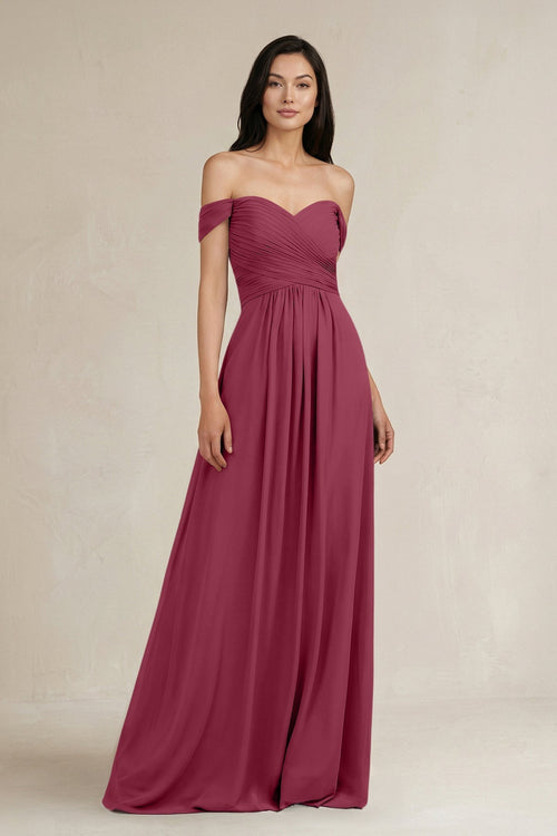A - Line Pleated Off - the - Shoulder Chiffon Bridesmaid Dress in Desert Rose - KissProm Bridesmaid Dresses