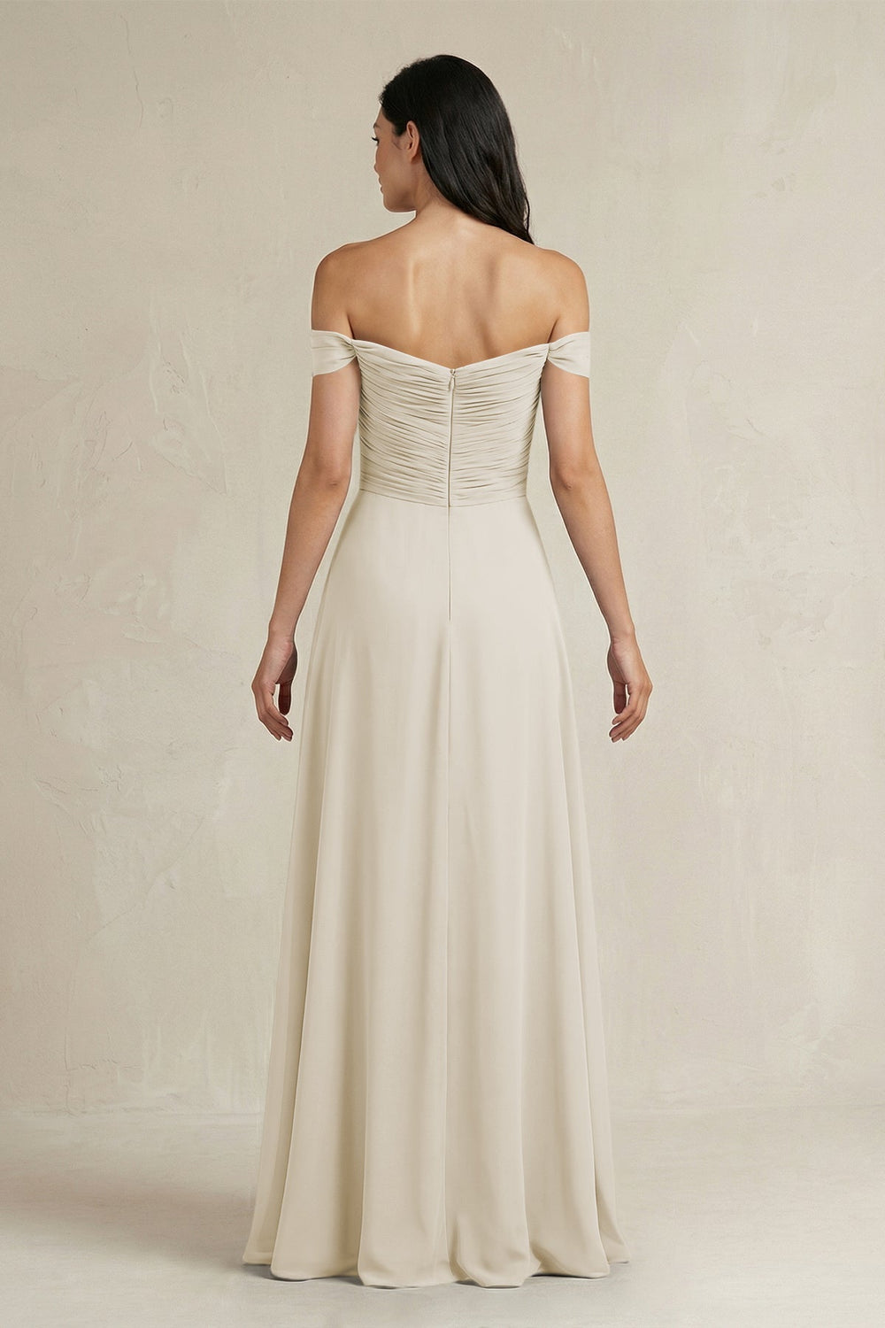 A - Line Pleated Off - the - Shoulder Chiffon Bridesmaid Dress in Dove Gray - KissProm Bridesmaid Dresses