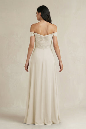 A - Line Pleated Off - the - Shoulder Chiffon Bridesmaid Dress in Dove Gray - KissProm Bridesmaid Dresses