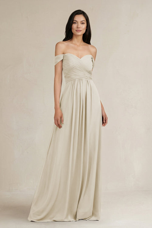 A - Line Pleated Off - the - Shoulder Chiffon Bridesmaid Dress in Dove Gray - KissProm Bridesmaid Dresses