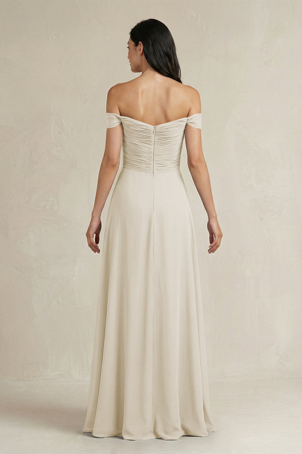 A - Line Pleated Off - the - Shoulder Chiffon Bridesmaid Dress in Dove Gray - KissProm Bridesmaid Dresses