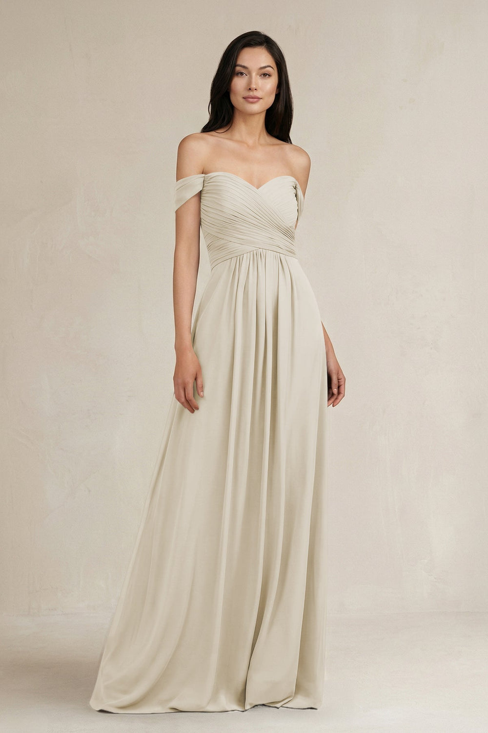 A - Line Pleated Off - the - Shoulder Chiffon Bridesmaid Dress in Dove Gray - KissProm Bridesmaid Dresses