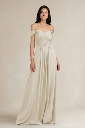 A - Line Pleated Off - the - Shoulder Chiffon Bridesmaid Dress in Dove Gray - KissProm Bridesmaid Dresses