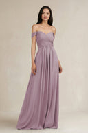 A - Line Pleated Off - the - Shoulder Chiffon Bridesmaid Dress in Dusk - KissProm Bridesmaid Dresses