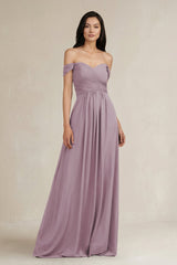 A - Line Pleated Off - the - Shoulder Chiffon Bridesmaid Dress in Dusk - KissProm Bridesmaid Dresses