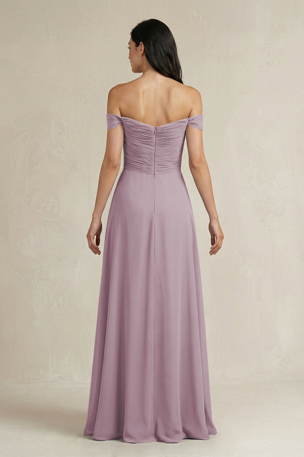 A - Line Pleated Off - the - Shoulder Chiffon Bridesmaid Dress in Dusk - KissProm Bridesmaid Dresses