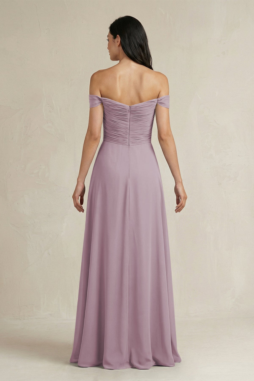 A - Line Pleated Off - the - Shoulder Chiffon Bridesmaid Dress in Dusk - KissProm Bridesmaid Dresses