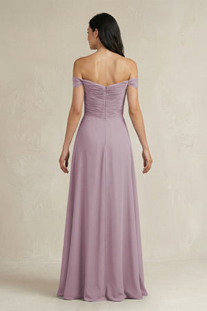 A - Line Pleated Off - the - Shoulder Chiffon Bridesmaid Dress in Dusk - KissProm Bridesmaid Dresses